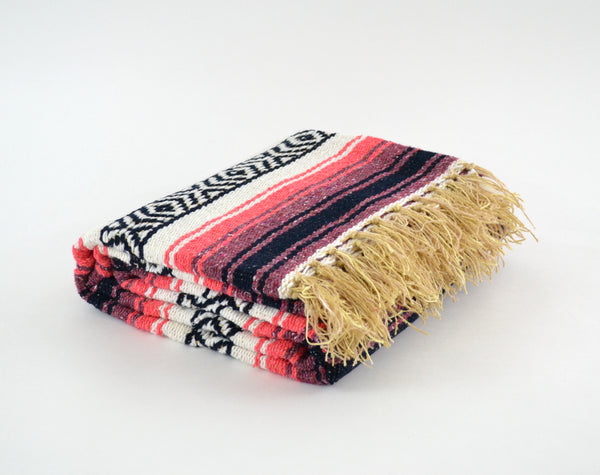 Mexican Blanket Coral / Peach Yoga Blanket, Hand Woven, Aztec,Throw Falsa