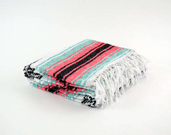 Mexican Blanket Premium Mint & Coral Yoga Blanket, Hand Woven, Sarape Throw
