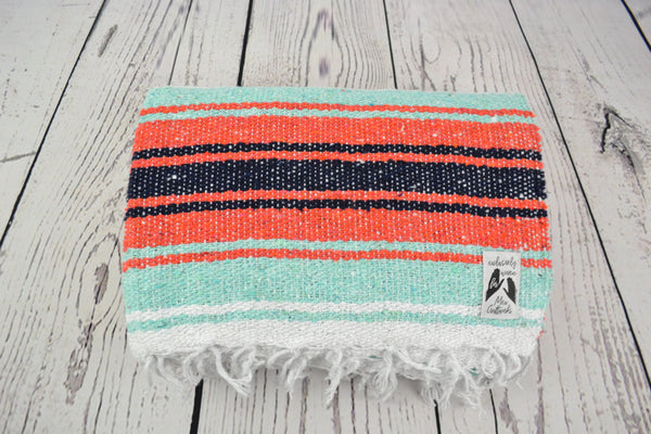 Mexican Blanket Premium Brick Orange & Mint Yoga Blanket, Throw Falsa, Handwoven Sarape