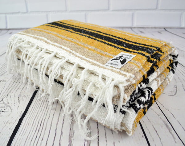 Mexican Blanket Premium Yellow & Tan Yoga Blanket, Hand Woven, Sarape, Throw