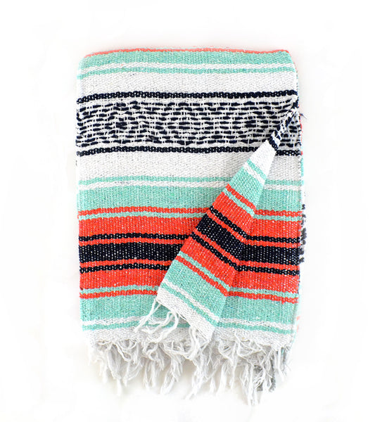 Mexican Blanket Premium Brick Orange & Mint Yoga Blanket, Throw Falsa, Handwoven Sarape