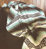 Mexican Blanket Premium Aquamarine, Mint & Grey Yoga Blanket, Hand Woven, Sarape Throw